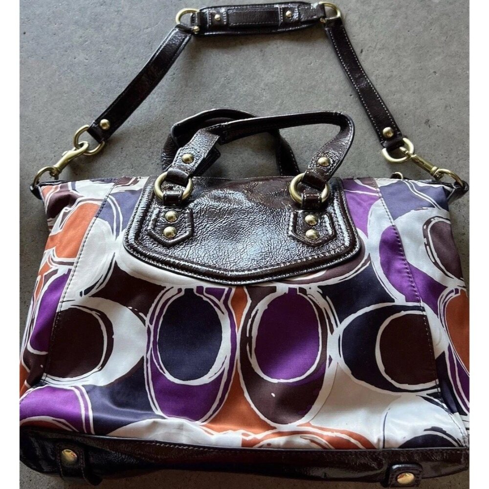 Vintage COACH Ashley Scarf C's Print LARGE Satchel Purse Bag Orange Purple - Picture 4 of 14